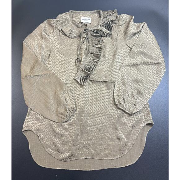 Zadig & Voltaire NWOT Tio Jac Monogram 100% Silk Long Sleeve Blouse Olive Medium - Picture 1 of 5